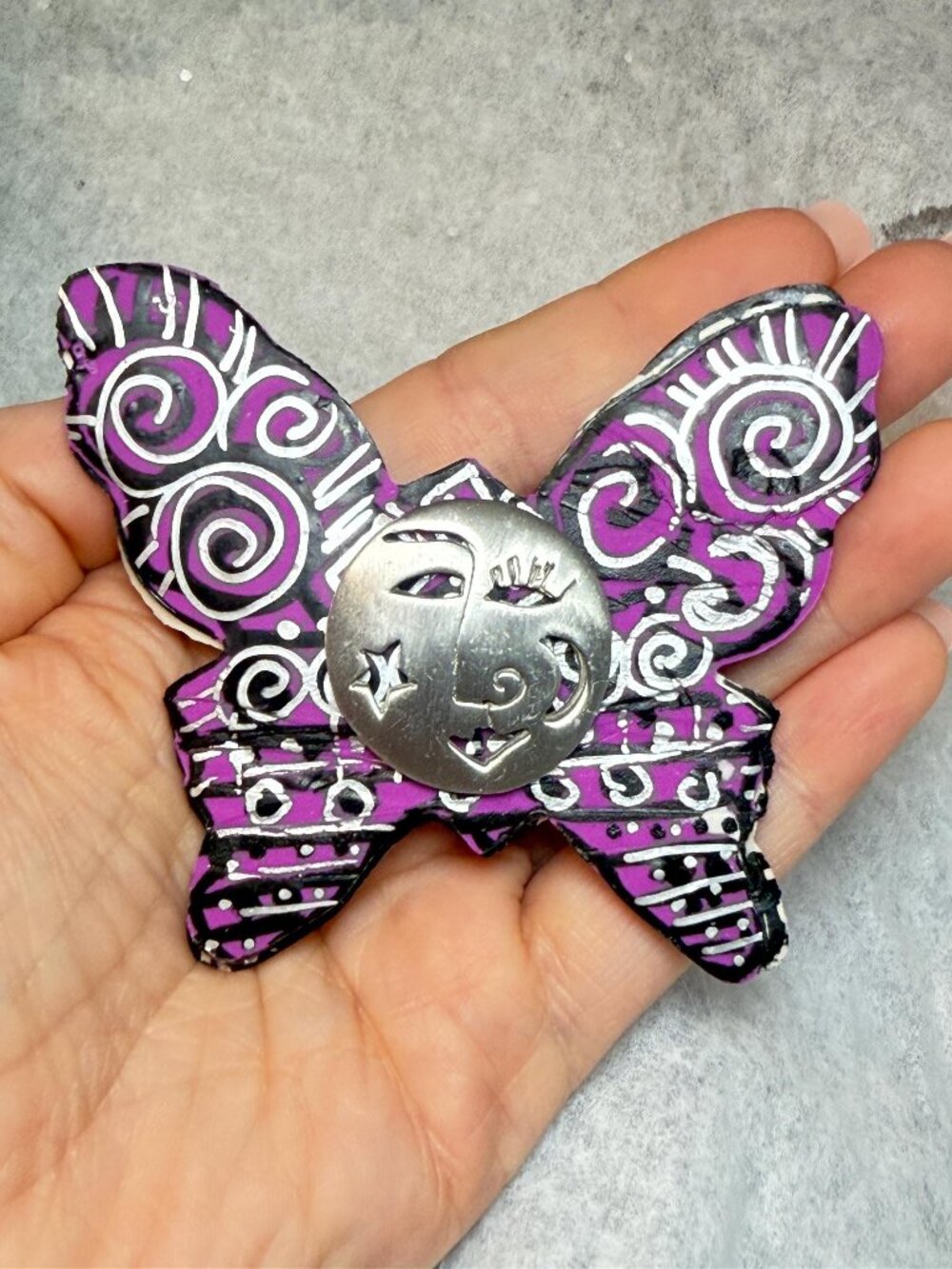 OOAK Upcycled Butterfly Brooch Silver Face Hand Painted Wood Vintage